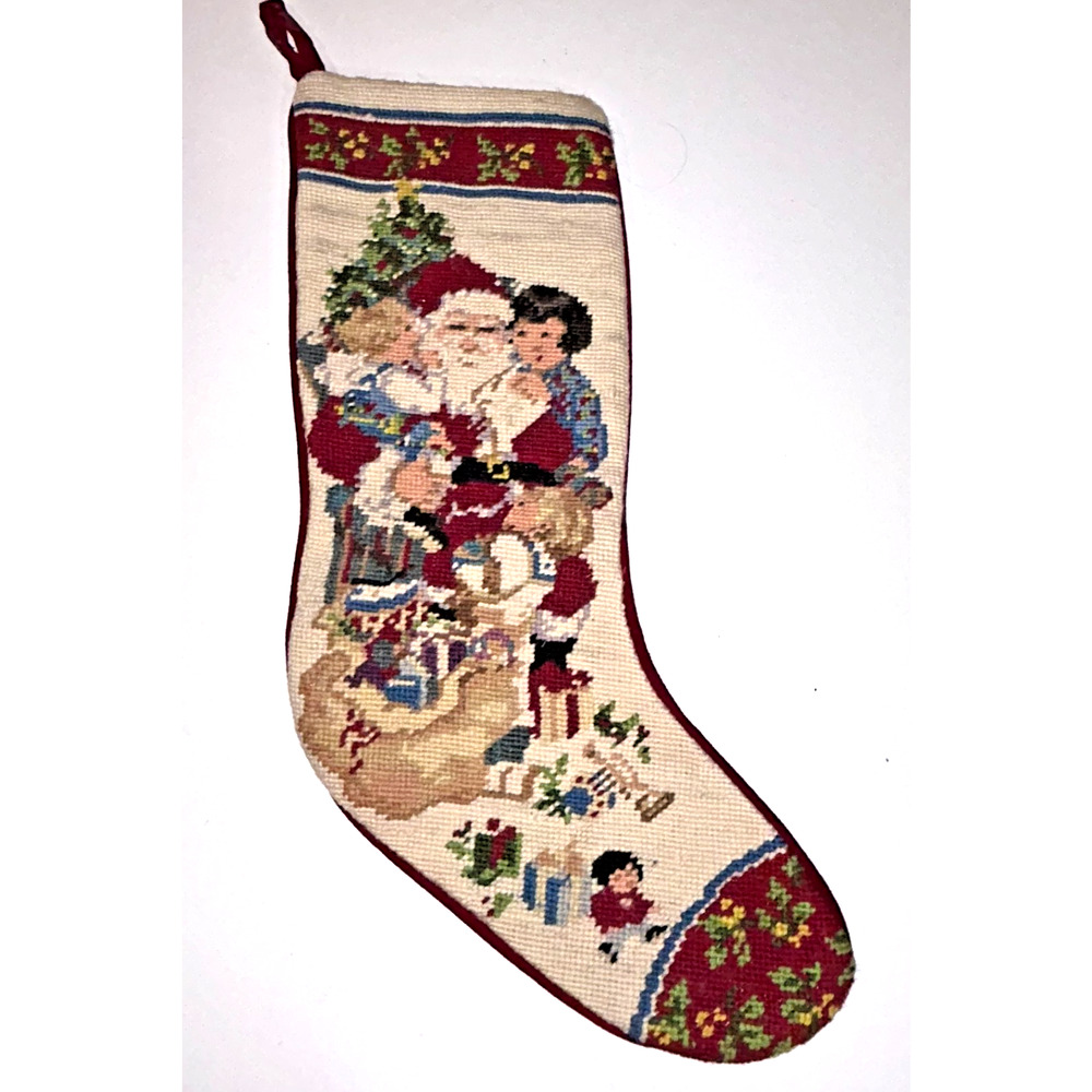 Needlepoint Wool Velvet SANTA'S LAP Kids 20" Vintage Christmas Stocking